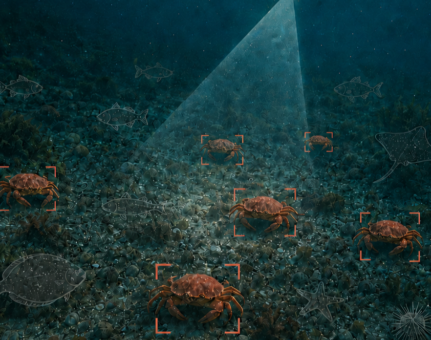 Underwater survey camera detecting crab on the seafloor